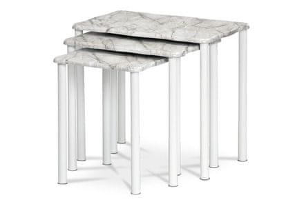 Autronic Konferenčný stolík Přístavné a odkládací stolky, set 3 ks, deska šedobílý mramor, kovové nohy, bílý (20658-04 WT)